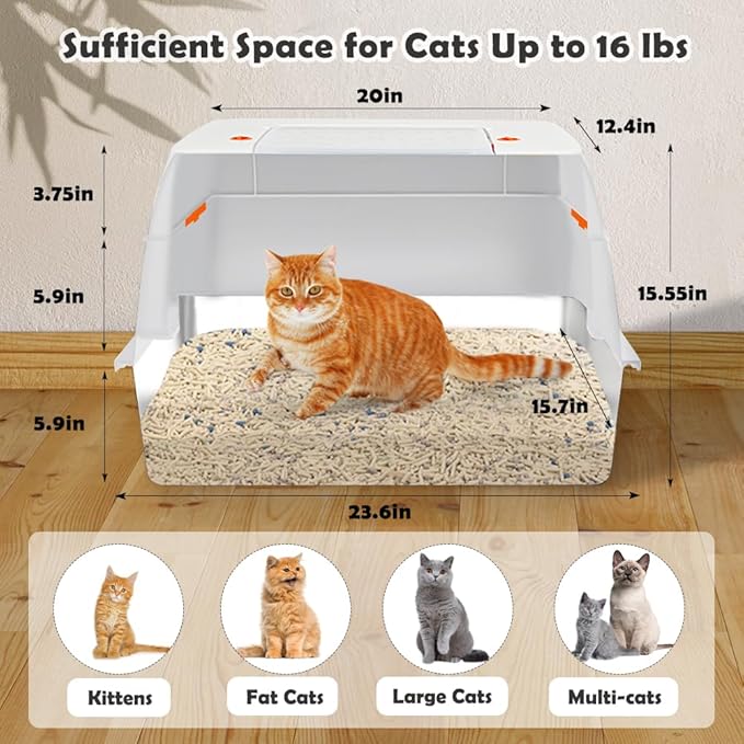 Vivifying Stainless Steel Litter Box with Lid, XL Side Entry Extra Large Litter Box for Big Cats &amp; Kitty, Removable Enclosed Metal Cat Pan with High Sided Enclosure, Scoop, Mat, Footboard (Beige)