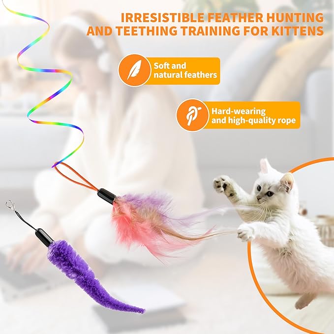 Interactive Cat Toy,Automatic Cat Toy for Indoor Cats,Hanging Door Clip Ribbon 360° Rotation,Feather &amp; Rainbow Cat Stimulating Ribbons Cat Toys for Bored Adult/Kitten Exercise