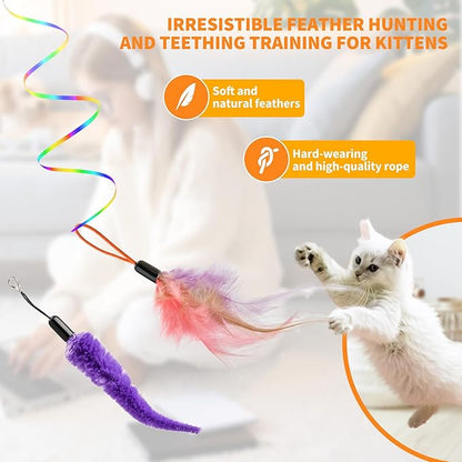 Interactive Cat Toy,Automatic Cat Toy for Indoor Cats,Hanging Door Clip Ribbon 360° Rotation,Feather &amp; Rainbow Cat Stimulating Ribbons Cat Toys for Bored Adult/Kitten Exercise