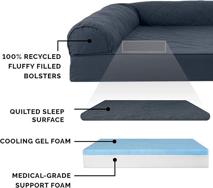Furhaven Cooling Gel Dog Bed for Large Dogs w/ Removable Bolsters &amp; Washable Cover, For Dogs Up to 125 lbs - Quilted Sofa - Iron Gray, Jumbo Plus/XXL