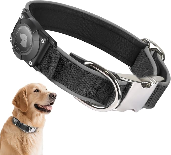 Waterproof Airtag Dog Collar - Nylon Collar with Durable Airtag Holder, Reflective&amp;Anti-Lost with Safety Metal Buckle, Soft Padded Adjustable for Small Medium Large Dogs Black XL
