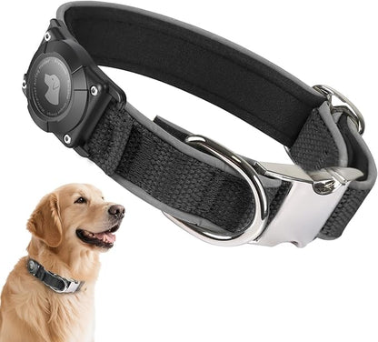 Waterproof Airtag Dog Collar - Nylon Collar with Durable Airtag Holder, Reflective&amp;Anti-Lost with Safety Metal Buckle, Soft Padded Adjustable for Small Medium Large Dogs Black XL