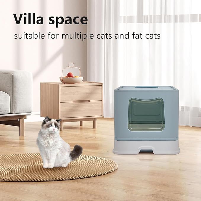 XL Foldable Cat Litter Box with Lid - Jumbo Enclosed Potty - Top Entry Anti-Splashing Toilet - Includes Scoop &amp; 2-in-1 Cleaning Brush (Blue