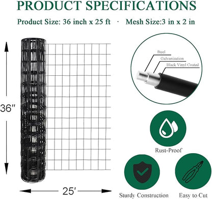 Black PVC Coated Welded Wire Fence 36 Inch x 25 Foot, 2 Inch x 3 Inch 16GA, Garden Border Fencing Roll Vinyl Coating Metal Wire Mesh for Yard Vegetable Plant Protection Poultry Netting