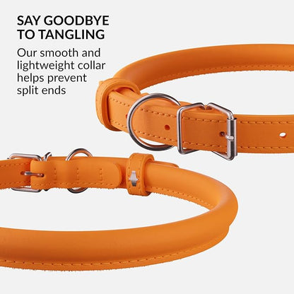 CollarDirect Rolled Leather Dog Collar, Soft Padded Round Puppy Collar, Handmade Genuine Leather Collar Dog Small Large Cat Collars 13 Colors (11-14 Inch, Orange Smooth)