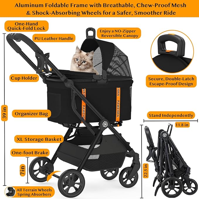PAWZIDEA Pet Stroller 4 in 1, Dog Strollers for Small/Medium Dogs/Cats with Detachable Carrier NO-Zip Canopy, Seatbelt Puppy Car Seat Combo, Foldable &amp; Lightweight Jogger Cat Strollers, Storage Basket