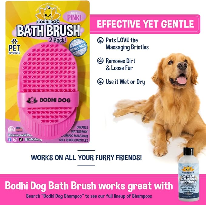 Bodhi Dog Shampoo Brush - Pet Grooming &amp; Bath Supplies for Dogs and Cats - Bath Brush for Long &amp; Short Hair - Premium Scrubber for Shower, Bathing &amp; Massage (Two Pack, Pink)
