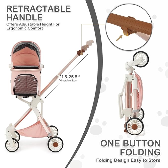 MoNiBloom 3 in 1 Pet Stroller with Adjustable Handle, Jogging Stroller w/Detachable Carrier &amp; Lightweight Aluminum Frame for Dogs Cats, Soft Pink