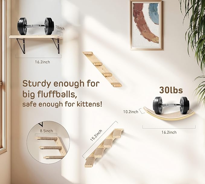 Cat Wall Shelves Set with Sisal Cats Window Perch, 4 Piece Wood Climbing Furniture with Curved Sisal Bed, Flat Shelf &amp; Two Wall-Mounted 4 Steps Cat Stairs
