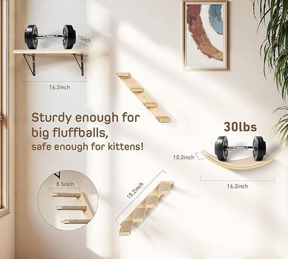 Cat Wall Shelves Set with Sisal Cats Window Perch, 4 Piece Wood Climbing Furniture with Curved Sisal Bed, Flat Shelf &amp; Two Wall-Mounted 4 Steps Cat Stairs