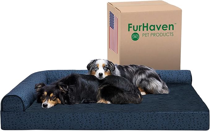 Furhaven Cooling Gel Dog Bed for Large Dogs w/ Removable Bolsters &amp; Washable Cover, For Dogs Up to 125 lbs - Plush &amp; Almond Print L Shaped Chaise - Blue Almonds, Jumbo Plus/XXL