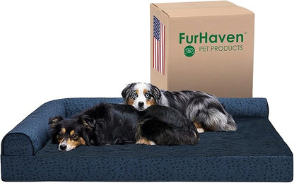 Furhaven Cooling Gel Dog Bed for Large Dogs w/ Removable Bolsters &amp; Washable Cover, For Dogs Up to 125 lbs - Plush &amp; Almond Print L Shaped Chaise - Blue Almonds, Jumbo Plus/XXL