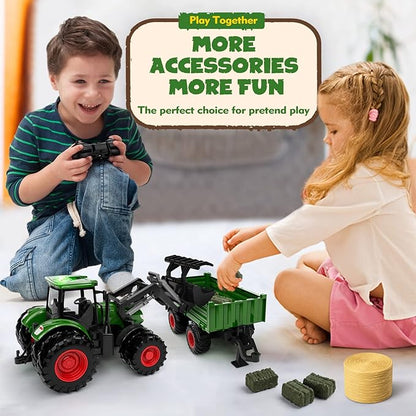 Remote Control Tractor Toy, Kids RC Tractor Set &amp; Truck and Trailer Front Loader - Metal Car Head/8 Wheel/Light, Toddlers Farm Vehicle Toys for 3 4 5 6 7 8 9 Year Old Boys Girls Birthday Gift
