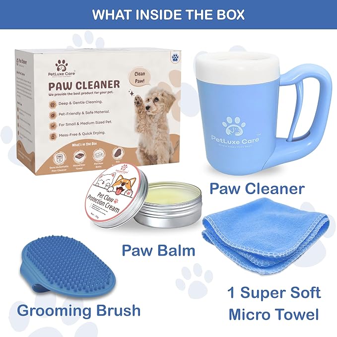 Dog Paw Cleaner for Small &amp; Medium Dogs – Portable Paw Washer Cup with Soft Silicone Brush, Towel &amp; Moisturizing Balm – Gently Cleans Muddy Paws After Walks (Blue, Medium)