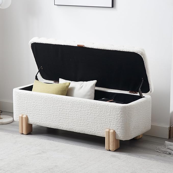 Kmax 45" Storage Bench Faux Fur Entryway Bench Upholstered Ottoman Bench with Wavy Top &amp; Safty Hinge for Bedroom Living Room Hallway, White