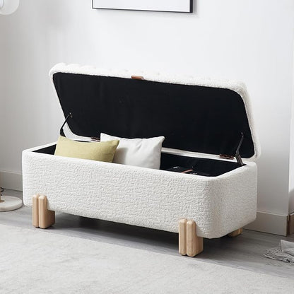 Kmax 45" Storage Bench Faux Fur Entryway Bench Upholstered Ottoman Bench with Wavy Top &amp; Safty Hinge for Bedroom Living Room Hallway, White