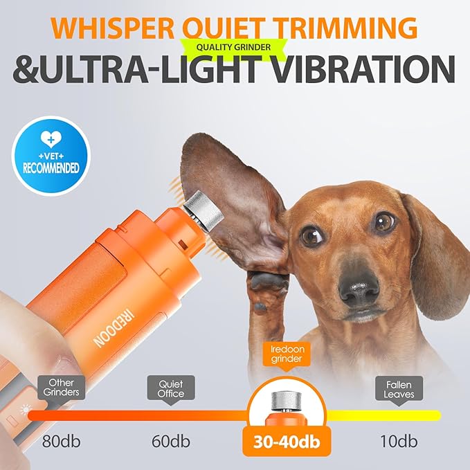 Dog Nail Grinder Upgraded - Professional 3-Speed Super Quiet and Low Vibration Electric Pet Nail Grinder with 4 LED Lights - Painless Paws Grooming &amp; Smoothing for Small to Large Dogs (Orange)