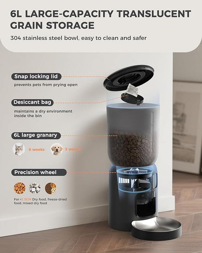 AI Cat Feeder with Dual Cameras (1 Adjustable), 2K HD Night Vision, 5G/2.4G WiFi, 6L Automatic Pet Feeder with APP Control, Laser Interactive Toy, Two-Way Audio &amp; Scheduled Feeding