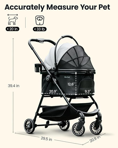 Pet Stroller for Small Dogs and Cats, One-Click Foldable Dog Stroller with Detachable Carrier &amp; 3 Safety Tethers, Holds up to 33 lbs, Storage Basket &amp; Cup Holder, Breathable Mesh, Black
