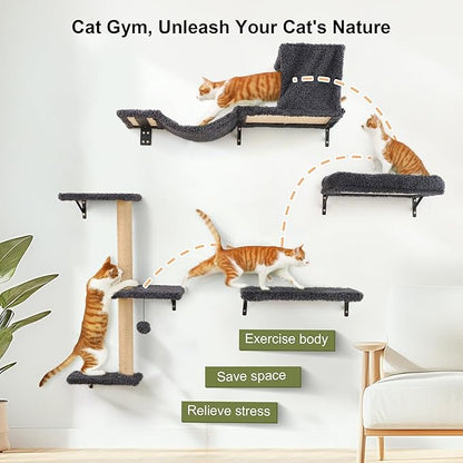 FUKUMARU Cat Wall Shelves, Stable &amp; Safe 4 in 1 Cat Furniture Set, Wooden Climbing Wall with Scratching Post for 16 Inch Drywall - Gray