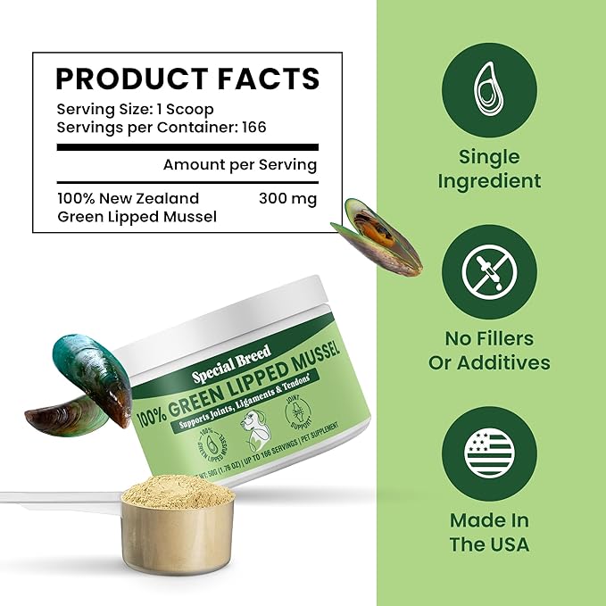 Green Lipped Mussel Powder for Dogs &amp; Cats - 100% New Zealand Green Lipped Mussels - Natural Hip &amp; Joint Supplement for Joints, Tendons, Ligaments, Muscles - 50 Grams - Up to 166 Servings