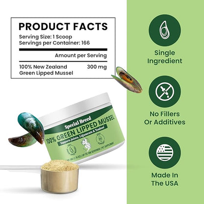 Green Lipped Mussel Powder for Dogs &amp; Cats - 100% New Zealand Green Lipped Mussels - Natural Hip &amp; Joint Supplement for Joints, Tendons, Ligaments, Muscles - 50 Grams - Up to 166 Servings