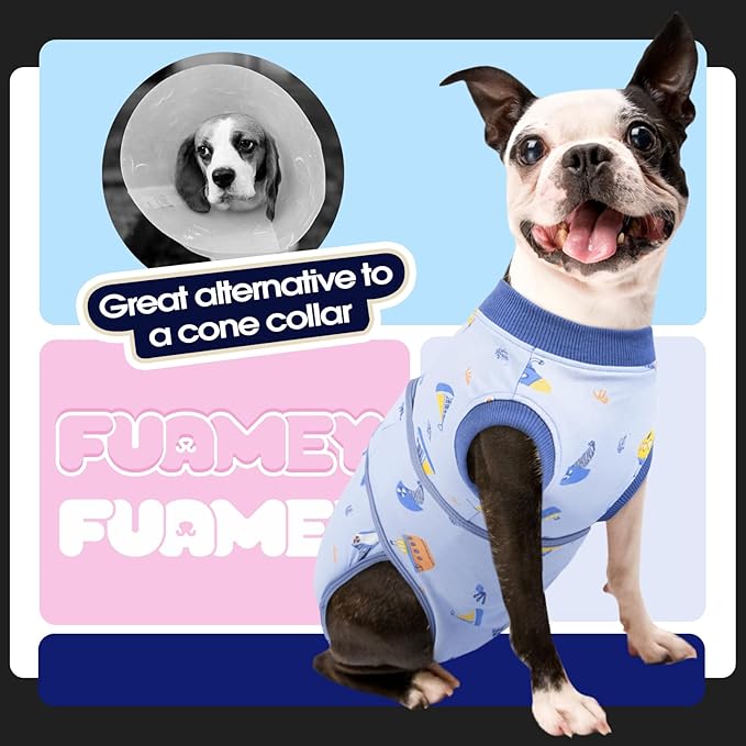 FUAMEY Recovery Suit for Dogs After Surgery,Soft Breathable Dog Bodysuit E-Collar &amp; Cone Alternative Surgical Suit,Male Female Dog Neuter Spay Suits Anti Licking Wounds Onesie Blue Boat XXL