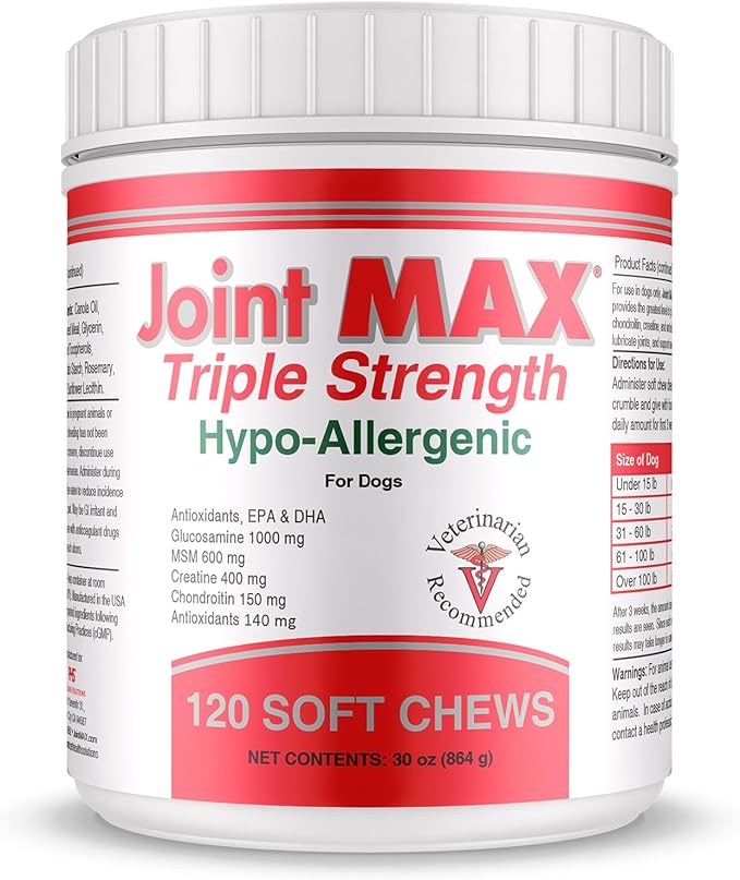 Triple Strength Hypo-Allergenic Soft Chews for Dogs - Hip and Joint Support Supplement with Glucosamine, Chondroitin, &amp; MSM - Made in The USA - 120 Soft Chews