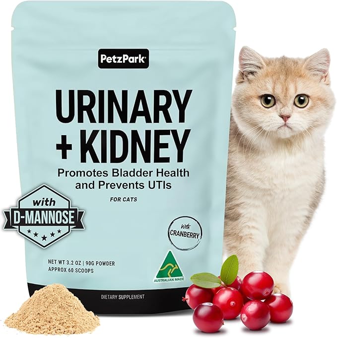 Urinary and Kidney Powder Supplement for Cats - Cranberry, Nettle Seed, D-Mannose for Cat UTI Treatment, Urinary Tract Health, and Kidney Care - Fast UTI Relief &amp; Prevention - 60 Scoops