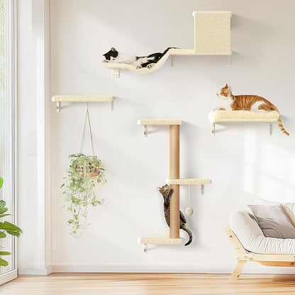 FUKUMARU Cat Wall Shelves, Stable &amp; Safe 4 in 1 Large Cat Walls Furniture Set, Wooden Kitten Climbing Wall with Scratching Post for 16 Inch Drywall - Beige