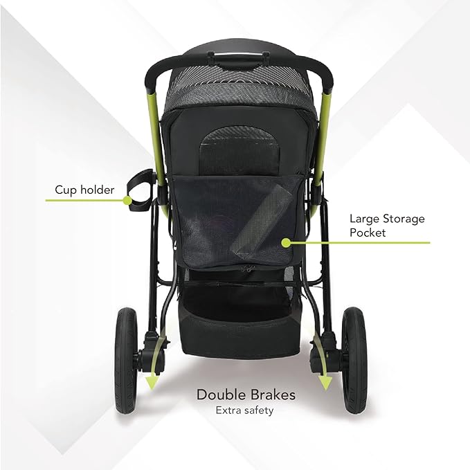 ibiyaya The Beast Pet Jogging Stroller for All Terrains, 3-Wheel Dog Carrier with Double Breaks, Zipperless Large Stroller for Running &amp; Hiking, Multiple Small Dogs, Medium Dogs, or Cats (Jet Black)