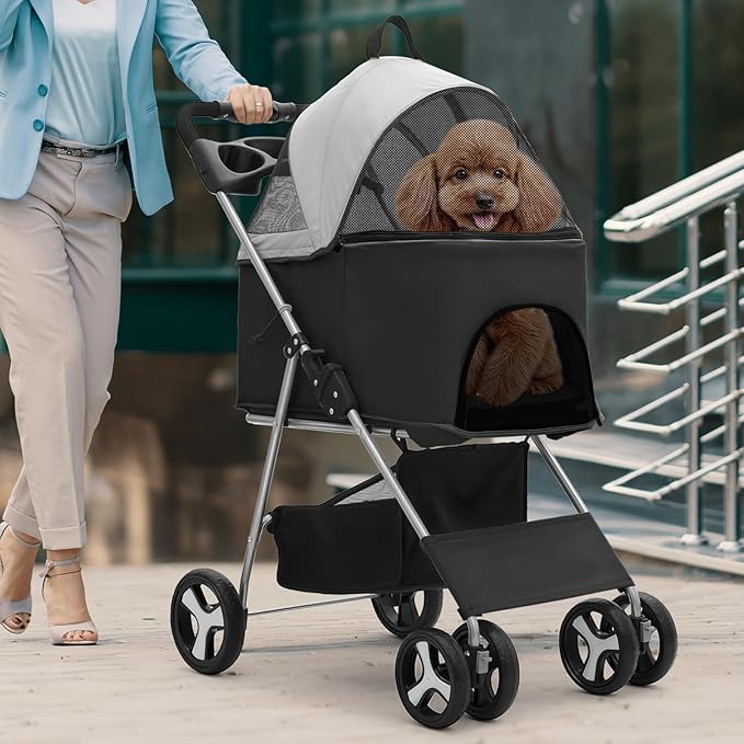 Magshion Foldable Pet Stroller, 3-in-1 Dog Travel Jogger with Detachable Carrier, Cup Holder, Storage Basket, Folding Carrier for Small/Medium Dogs &amp; Cats Up to 33 lbs, Black