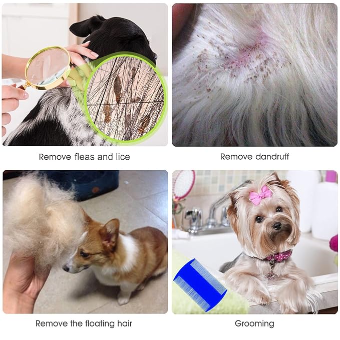 Flea Comb Lice Comb Cat &amp; Dog Pet Grooming Combs Tear Stain Remover Remove Mucus Crust 2-in-1 Metal Round Smooth Teeth Comb Remove Floating Hair Tangles Dander (blue)