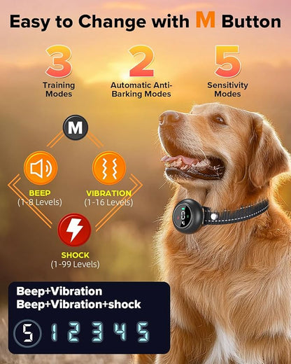 XDX 2-in-1 Dog Shock Collar &amp; Bark Collar – 3300FT Dog Training Collar with Remote, Automatic Anti-Barking, 5 Adjustable Sensitivity Levels, IP67 Waterproof E-Collar for Small Medium Large Dogs