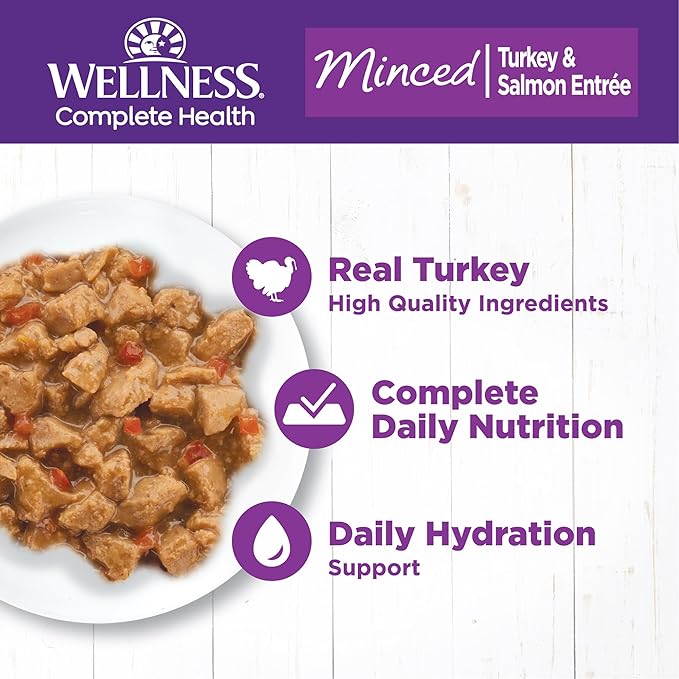 Wellness Complete Health Minced Adult Wet Cat Food, Natural, Protein-Rich, Grain Free, 5.5 Ounce, 24 Pack, (Turkey &amp; Salmon Entrée)