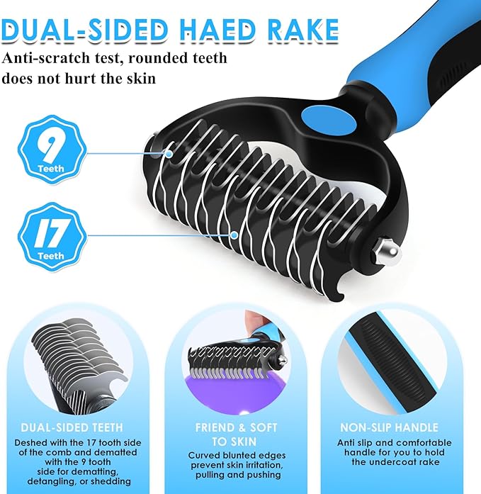 Large Slicker Brush for Dogs - 3PC Pet Grooming Kit - Undercoat Rake &amp; Stainless Comb | Long Pins Remove Mats on Poodles, Golden, Labradoodles | Thick Coat Deshedder for Dogs, Cats, Blue