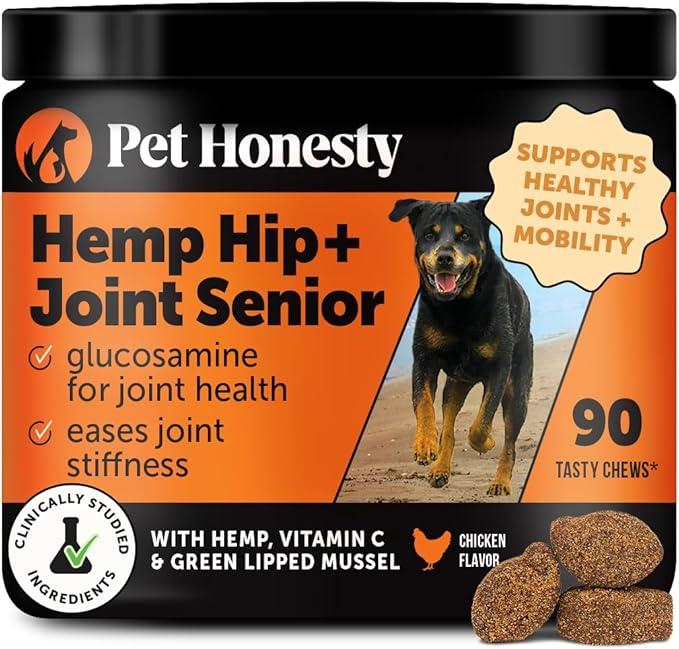Senior Hemp Hip &amp; Joint Supplement for Dogs - Dog Joint Supplement with Hemp Oil &amp; Powder, Glucosamine, Collagen, MSM &amp; Green Lipped Mussel - Mobility for Senior Dogs (Chicken 90)