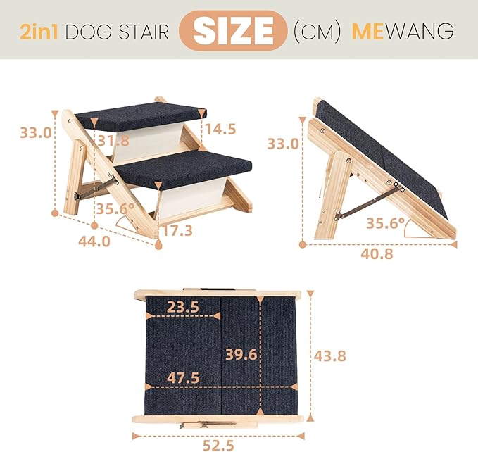 MEWANG Wood Pet Stairs &amp; Ramp for Small/Medium Dogs and Cats, Aging Pets – 3-in-1 Foldable, Portable, Non-Slip Pet Ladder for Tall Beds, Couches,Cars–Holds Up to 220 lbs (17.3" L x 17.2" W x 13.0" H)