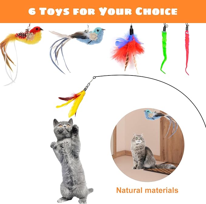 Cat Feather Toys, 10PCS Toys with Super Suction Cup, 2PCS Detachable Wand &amp; 6PCS Replacement Teaser Refills, Interactive Indoor Cat Play