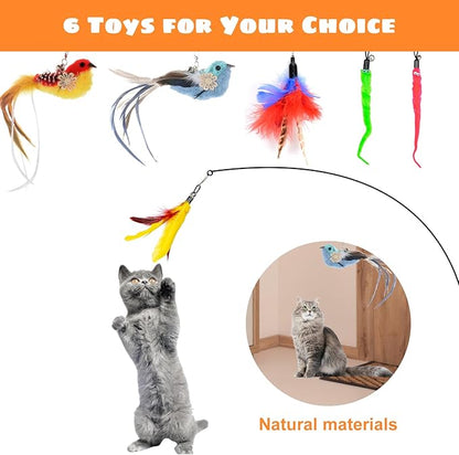 Cat Feather Toys, 10PCS Toys with Super Suction Cup, 2PCS Detachable Wand &amp; 6PCS Replacement Teaser Refills, Interactive Indoor Cat Play