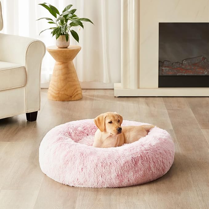 WNPETHOME Calming Dog Bed &amp; Cat Bed Donut, Faux Fur Self-Warming Donut Cuddler, Comfortable Round Plush Pet Beds (27 x 27 x 8 Inch, Light Pink)