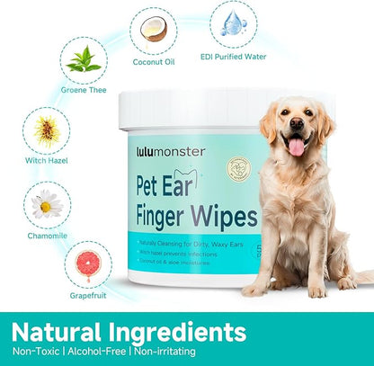 Ear Cleaner Finger Wipes for Dog &amp; Cat [Finger Casing Design][Pet Ear Wipes with Tweezers] for Controlling Ear Infections and Ear Odor Reduce ear wax buildup Natural Ingredients Dog Ear Wipes