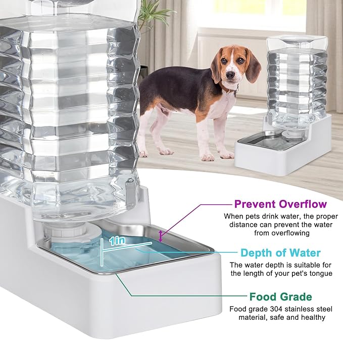 Automatic Pet Water Dispenser: 9L Gravity-Fed Stainless Steel Bowl - BPA-Free Large Capacity White Feeder for Dogs &amp; Cats - Indoor/Outdoor Use