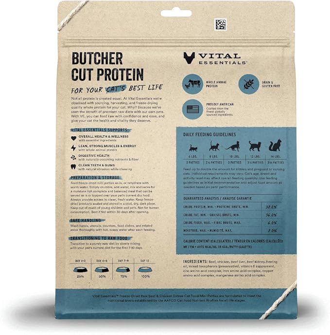 Vital Essentials Freeze Dried Raw Cat Food, Beef &amp; Chicken Mini Patties Entree, 15 oz