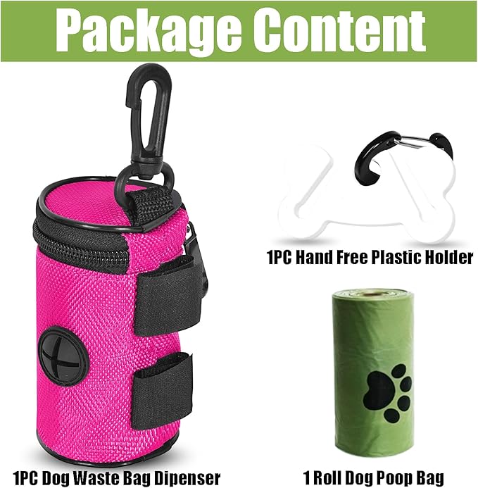 Dog Poop Bag Dispenser for Leash Attachment - Portable Set With Waste Bags &amp; Hand-Free Carrier, Fits Any Leash, Round, Pink