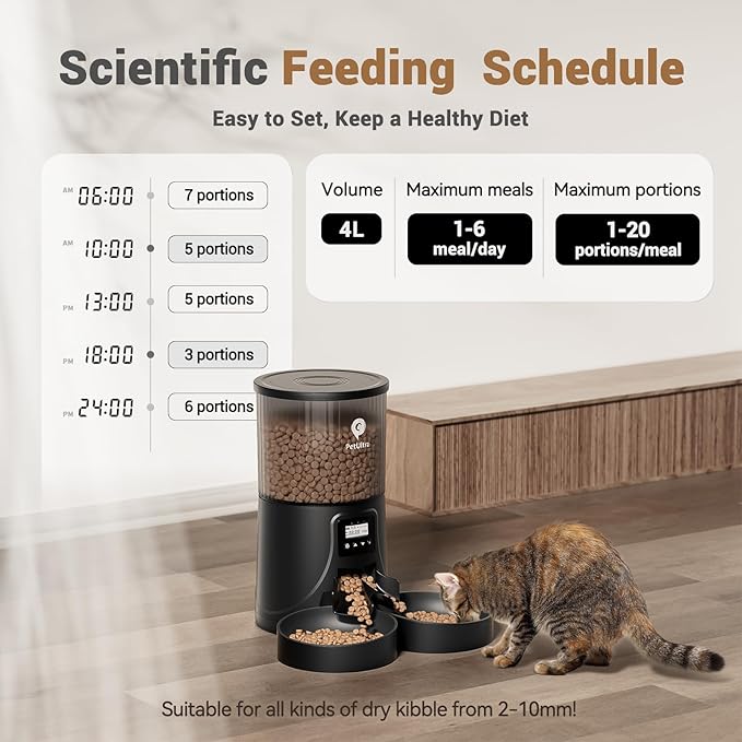 Automatic Cat Feeder for 2 Cats - 16 Cups/4L Timed Auto Pet Feeder with Portion Control (1-6 Meals), Dual Power&amp; Easy to Clean for Indoor Cats &amp; Small Dogs