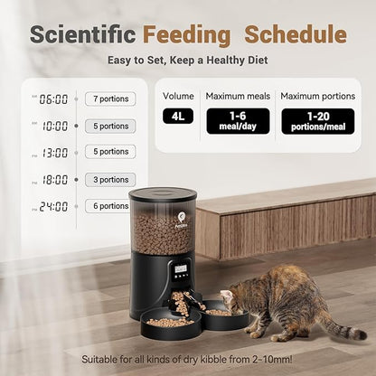 Automatic Cat Feeder for 2 Cats - 16 Cups/4L Timed Auto Pet Feeder with Portion Control (1-6 Meals), Dual Power&amp; Easy to Clean for Indoor Cats &amp; Small Dogs