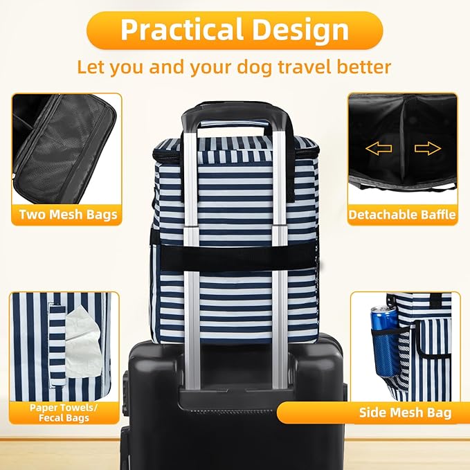 Dog Travel Bag for Camping - Pet Travel Accessories with 2 Collapsible Bowls, 2 Food Containers &amp; Waterproof Feeding Mat - Portable Dog Carrier, Stripe (Small)