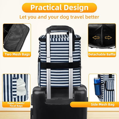 Dog Travel Bag for Camping - Pet Travel Accessories with 2 Collapsible Bowls, 2 Food Containers &amp; Waterproof Feeding Mat - Portable Dog Carrier, Stripe (Small)