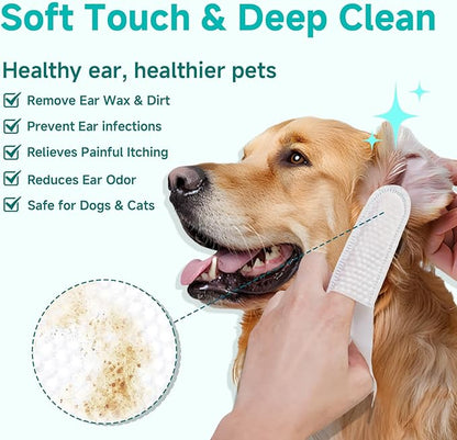 Ear Cleaner Finger Wipes for Dog &amp; Cat [Finger Casing Design][Pet Ear Wipes with Tweezers] for Controlling Ear Infections and Ear Odor Reduce ear wax buildup Natural Ingredients Dog Ear Wipes
